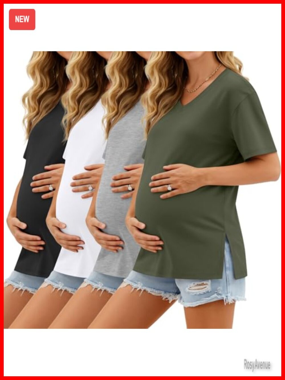 4 Pack Maternity T-Shirts Loose Fit V-Neck Short Sleeve Side Slits Women